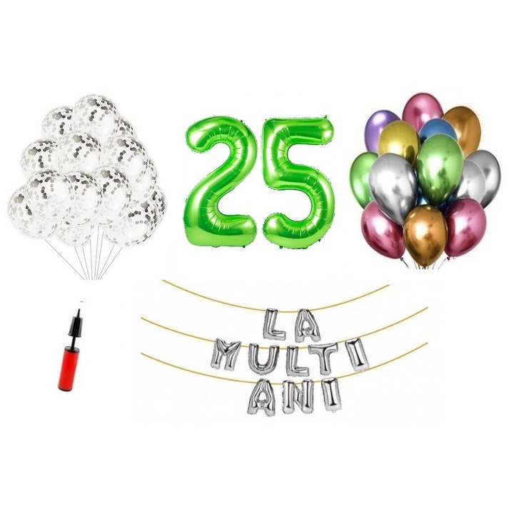 33 db lufi készlet, Boldog születésnapot 25 éves évfordulóra, fóliaszámok 100 cm, zöld