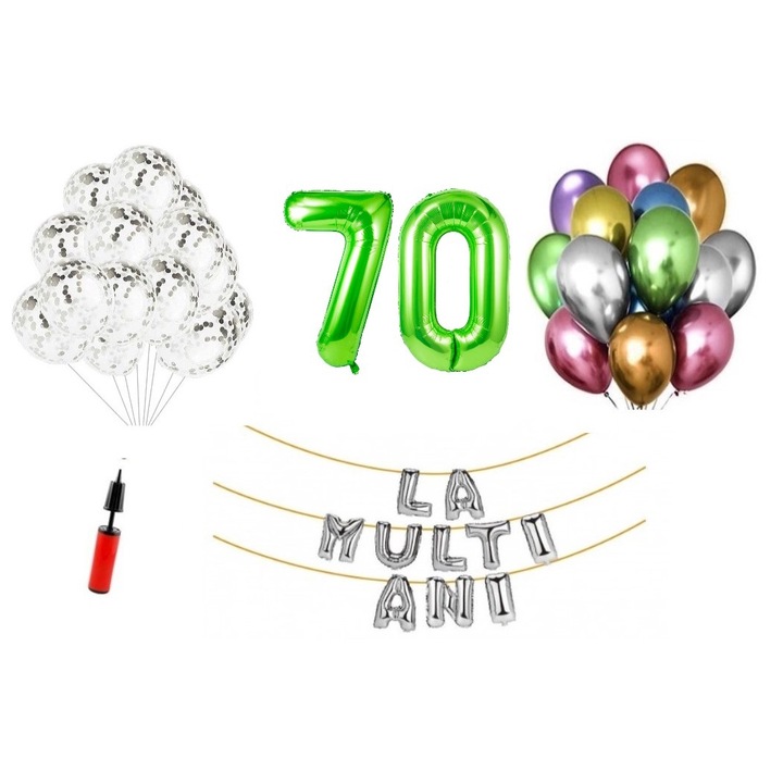 33 db lufi készlet, Boldog születésnapot 70 éves évfordulóra, fóliaszámok 100 cm, zöld