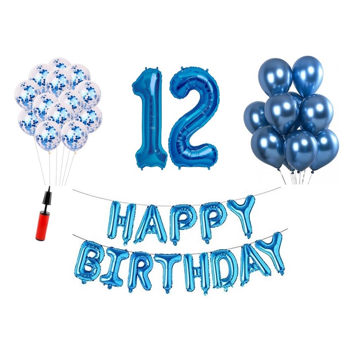 36 db lufi készlet, Boldog születésnapot 12 éves évfordulóra, fóliaszámok 100 cm, kék