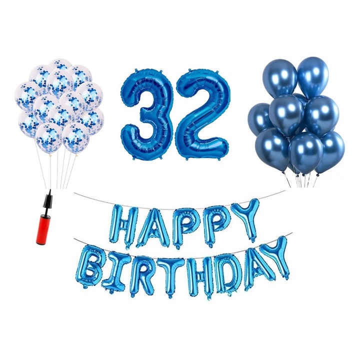 36 db lufi készlet, Boldog születésnapot 32 éves évfordulóra, fóliaszámok 100 cm, kék