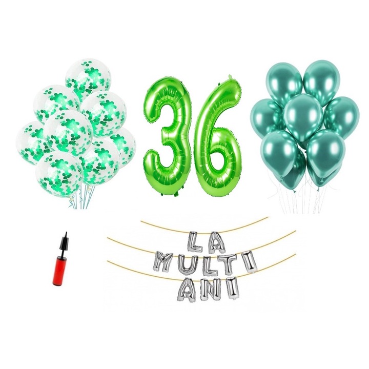 Lufi készlet, 33 elem, Boldog születésnapot 36 éves, számfólia 1,01 m, zöld