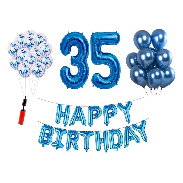 36 db lufi készlet, Boldog születésnapot 35 éves évfordulóra, fóliaszámok 100 cm, kék
