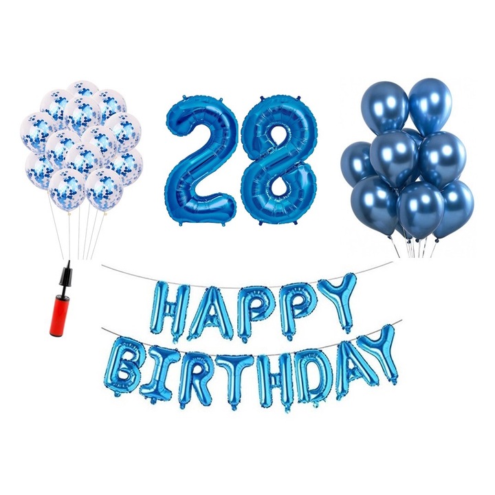 36 db lufi készlet, Boldog születésnapot 28 éves évfordulóra, fóliaszámok 100 cm, kék