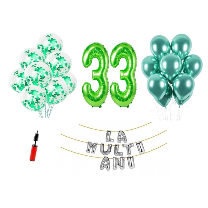 33 db lufi készlet, Boldog születésnapot 33 éves évfordulóra, számfólia 1 m, zöld