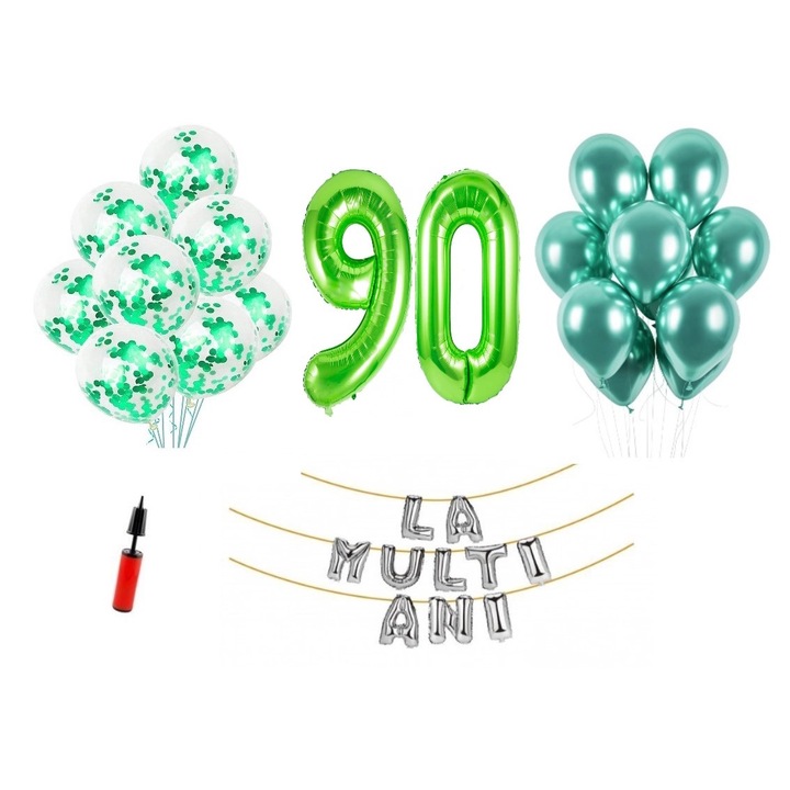 33 db lufi készlet, La Multi Ani, 90. évforduló, fóliaszámok 1 m, zöld