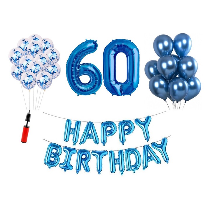 Set baloane, 36 elemente, Happy Birthday aniversare 60 ani, cifre folie 101 cm, albastru