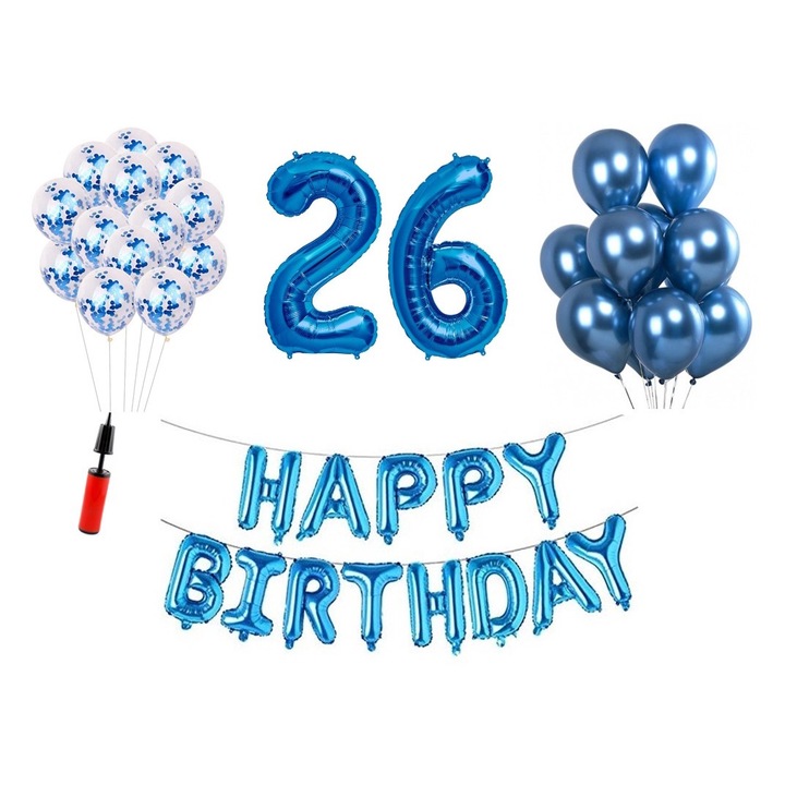 36 db lufi készlet, Boldog születésnapot 26 éves évfordulóra, fóliaszámok 100 cm, kék