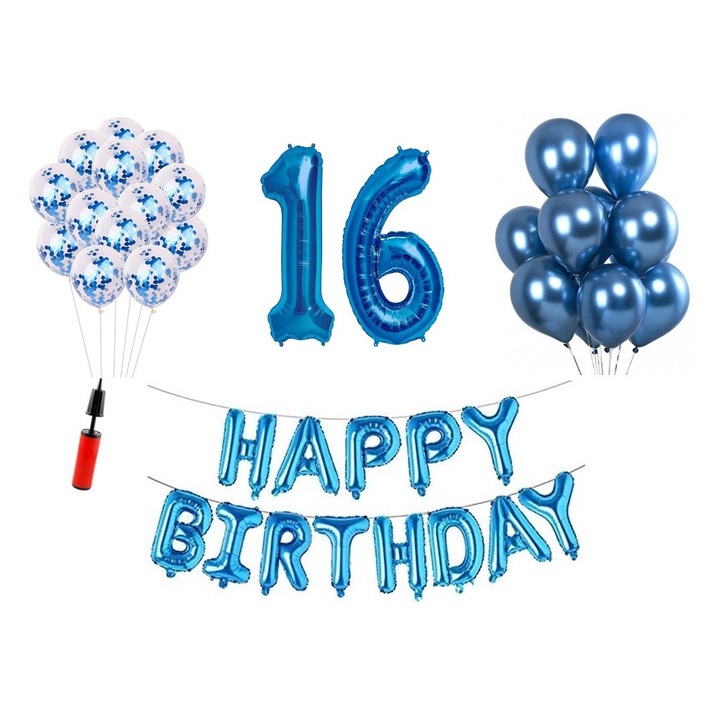 36 db lufi készlet, Boldog születésnapot 16 éves évfordulóra, fóliaszámok 100 cm, kék