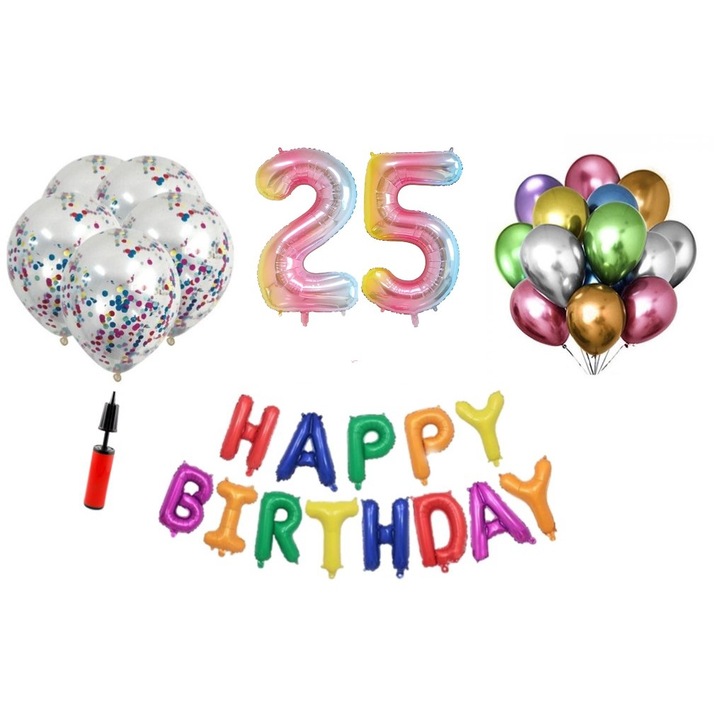 36 db lufi készlet, Boldog születésnapot 25 éves évfordulóra, fóliaszámok 100 cm, szivárvány