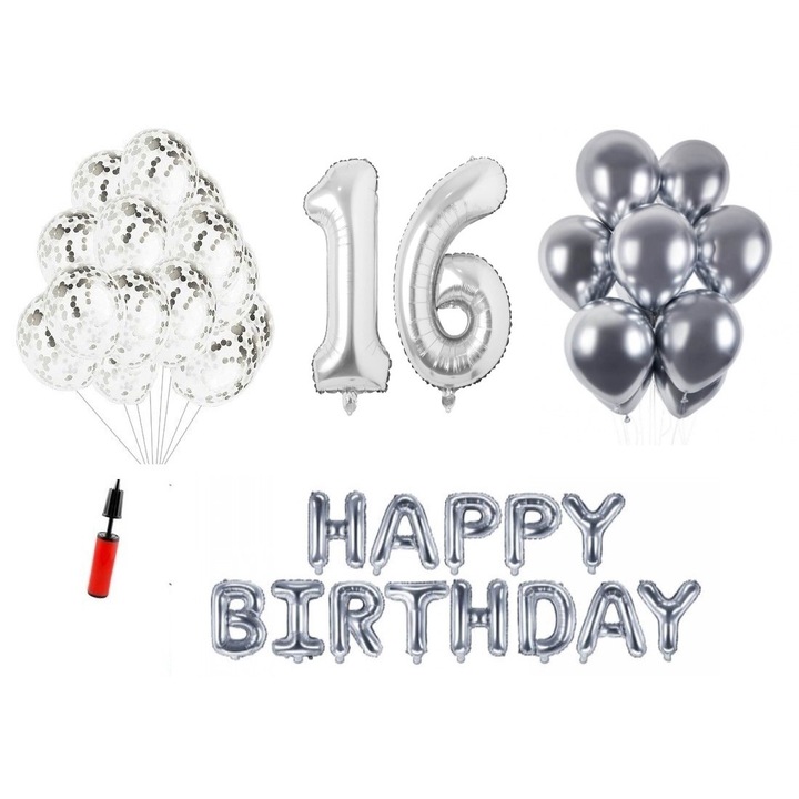 36 db lufi készlet, Boldog születésnapot 16 éves évfordulóra, fóliaszámok 100 cm, ezüst