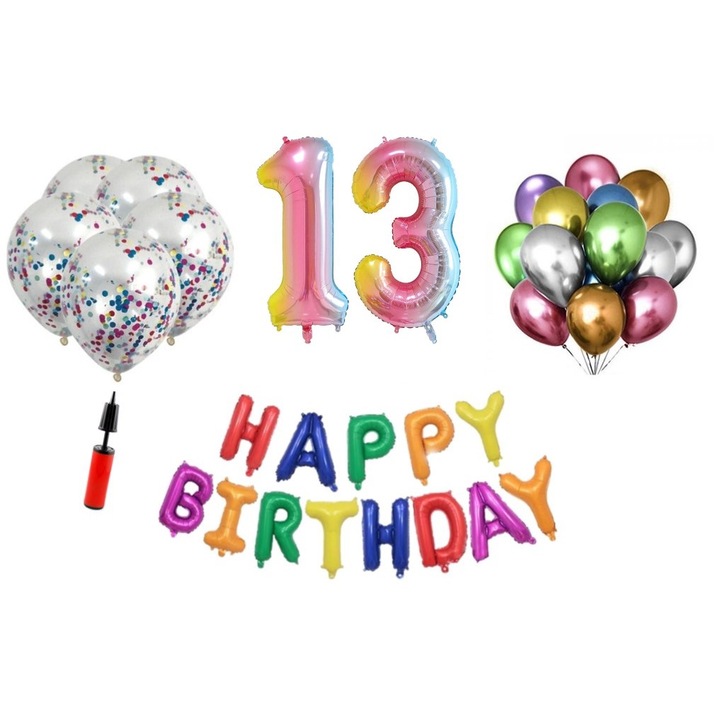 36 db lufi készlet, Boldog születésnapot 13 éves évfordulóra, fóliaszámok 100 cm, szivárvány