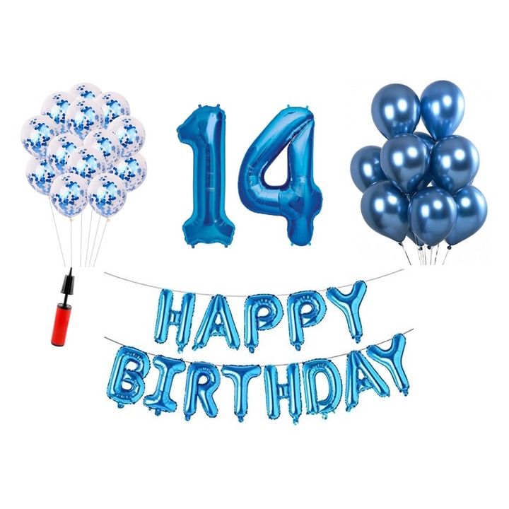 36 db lufi készlet, Boldog születésnapot 14 éves évfordulóra, fóliaszámok 100 cm, kék