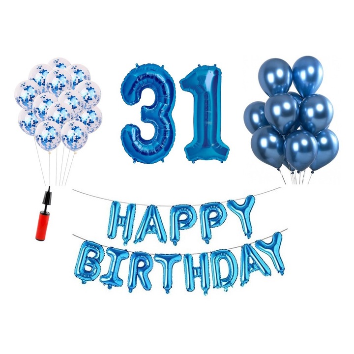 36 db lufi készlet, Boldog születésnapot 31 éves évfordulóra, fóliaszámok 100 cm, kék