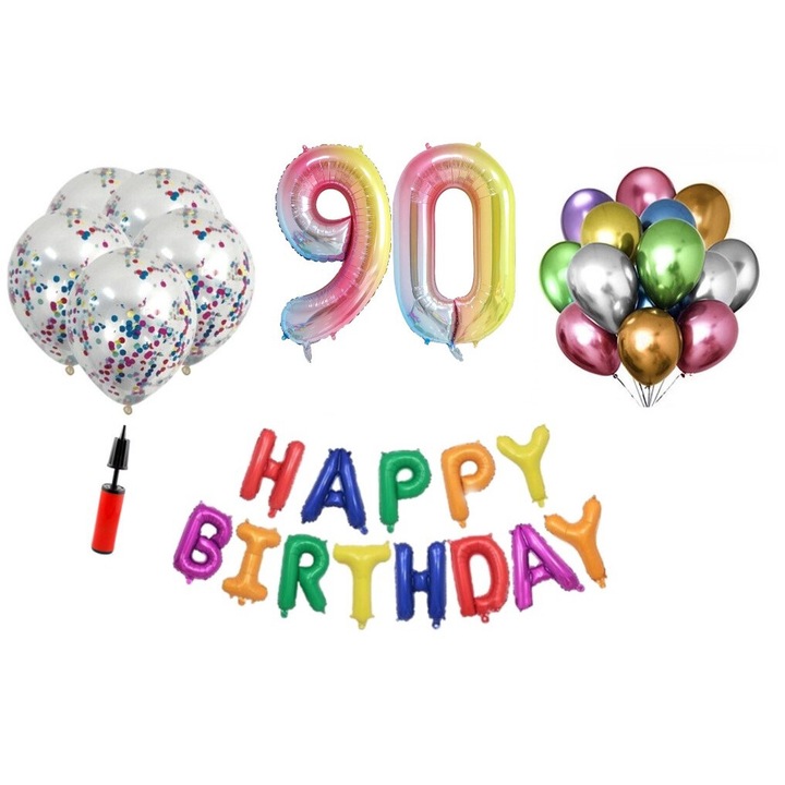 36 db lufi készlet, Boldog születésnapot 90 éves évfordulóra, fóliaszámok 100 cm, szivárvány