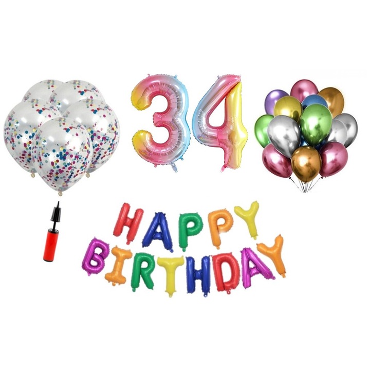 36 db lufi készlet, Boldog születésnapot 34 éves évfordulóra, fóliaszámok 100 cm, szivárvány