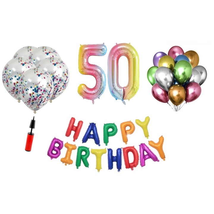36 db lufi készlet, Boldog születésnapot 50 éves évfordulóra, fóliaszámok 100 cm, szivárvány