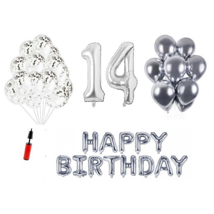 36 db lufi készlet, Boldog születésnapot 14 éves évfordulóra, fóliaszámok 100 cm, ezüst