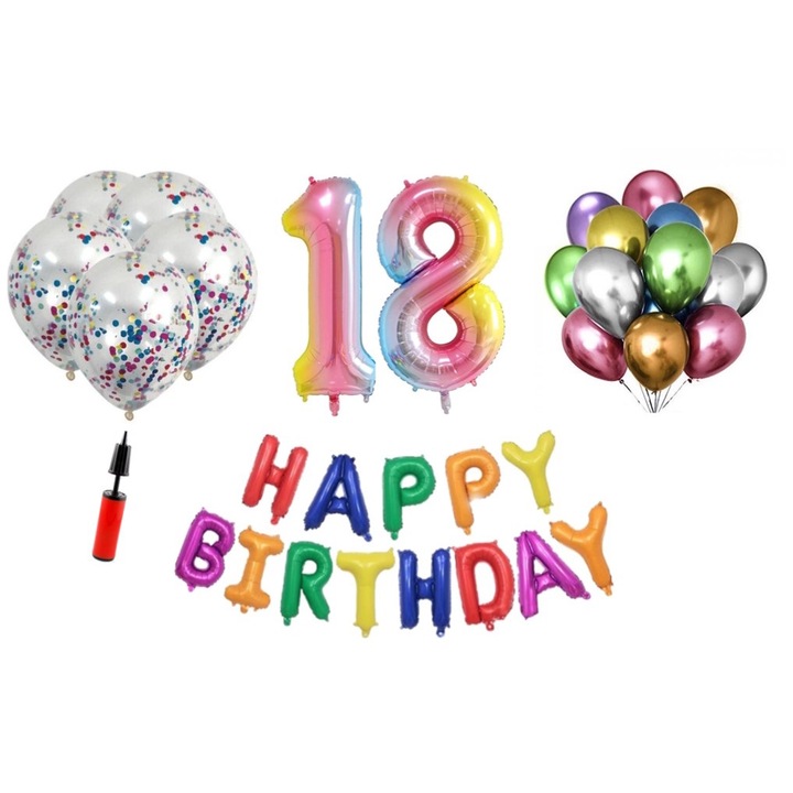36 db lufi készlet, Boldog születésnapot 18 éves évfordulóra, fóliaszámok 100 cm, szivárvány
