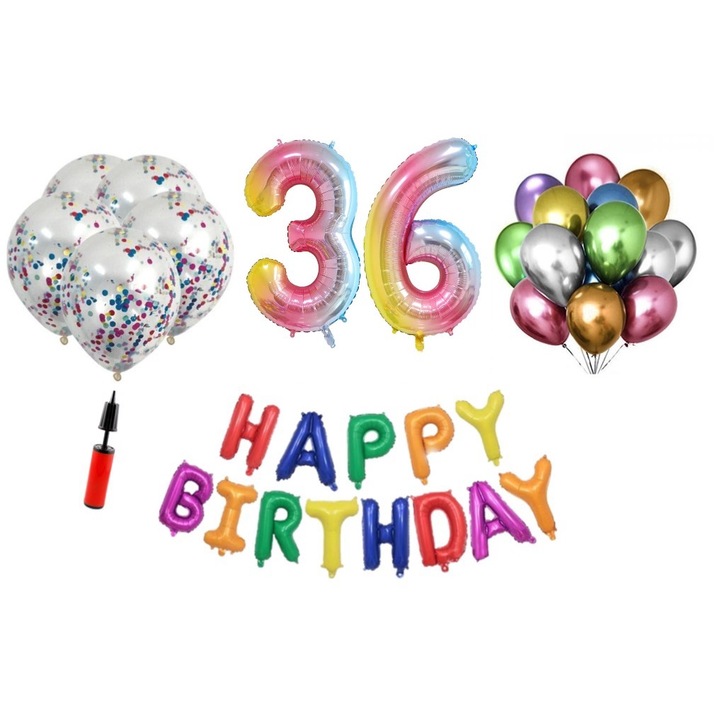36 db lufi készlet, Boldog születésnapot 36 éves évfordulóra, fóliaszámok 100 cm, szivárvány
