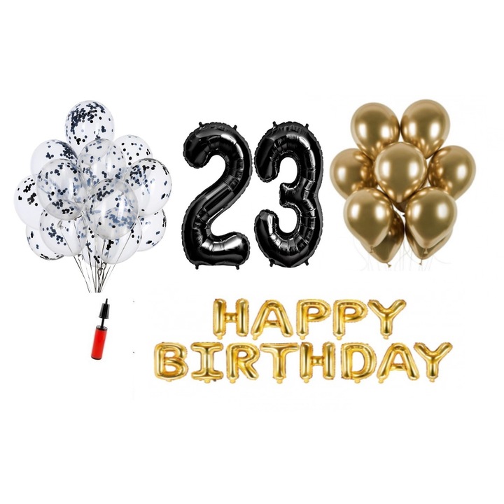 36 db Lufi készlet, Boldog születésnapot 23 éves évfordulóra, fóliaszámok 100 cm, fekete