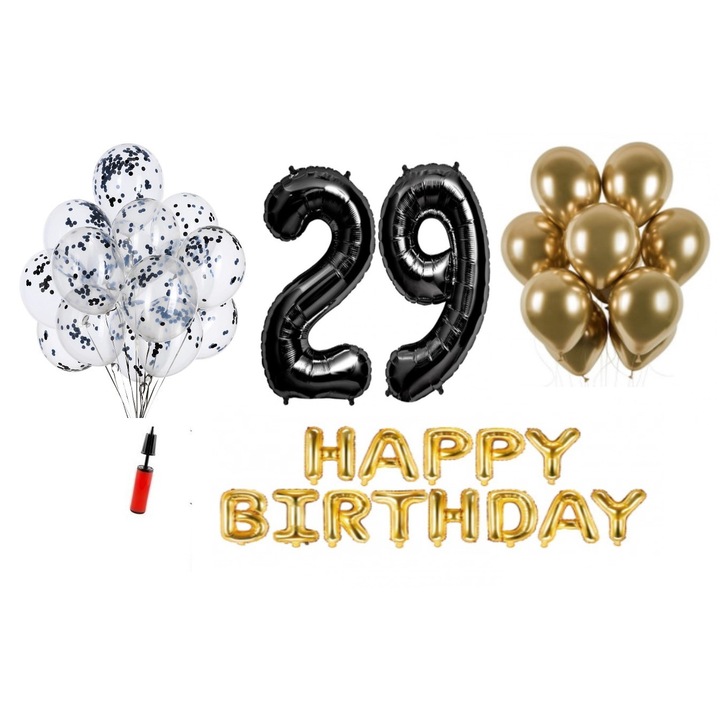36 db lufi készlet, Boldog születésnapot 29 éves évfordulóra, fóliaszámok 100 cm, fekete