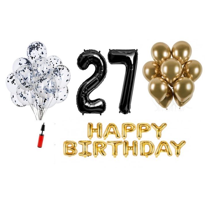 36 db lufi készlet, Boldog születésnapot 27 éves évfordulóra, fóliaszámok 100 cm, fekete