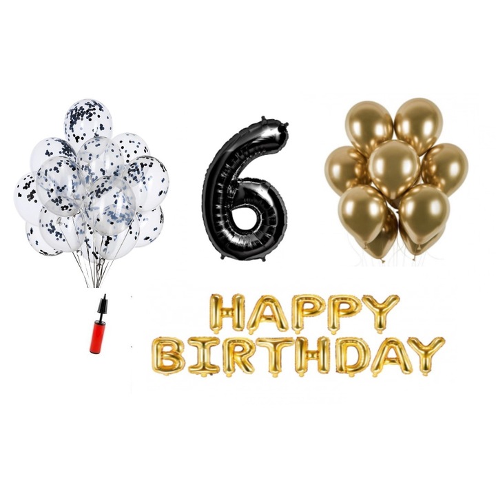 Set baloane, 35 elemente, Happy Birthday aniversare 6 ani, cifra folie 101 cm, negru