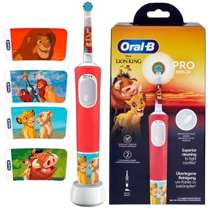 Periuta de dinti electrica Oral-B Pro Kids Lion King pentru copii, Curatare 2D, 2 programe, 1 capat, 4 autocolante, Rosu