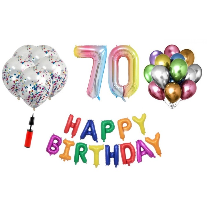 36 db lufi készlet, Boldog születésnapot 70 éves évfordulóra, fóliaszámok 100 cm, szivárvány