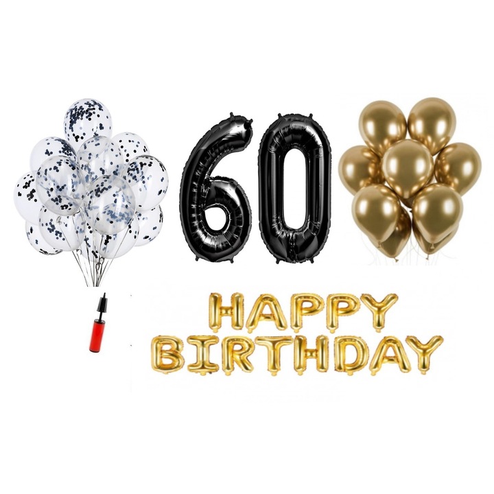 36 db lufi készlet, Boldog születésnapot 60 éves évfordulóra, fóliaszámok 100 cm, fekete