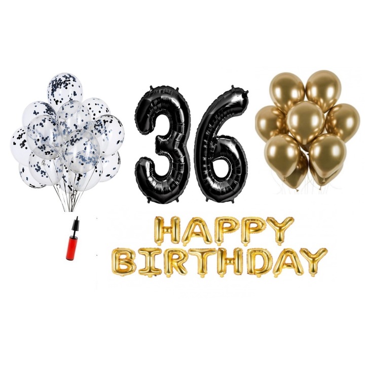 36 db lufi készlet, Boldog születésnapot 36 éves évfordulóra, fóliaszámok 100 cm, fekete