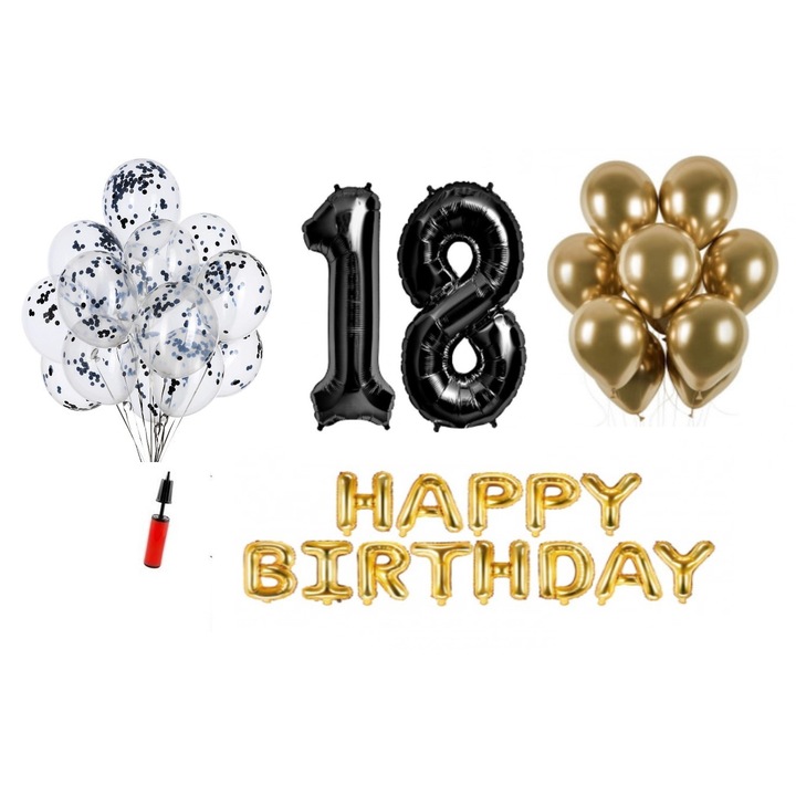 36 db lufi készlet, Boldog születésnapot 18 éves évfordulóra, fóliaszámok 100 cm, fekete