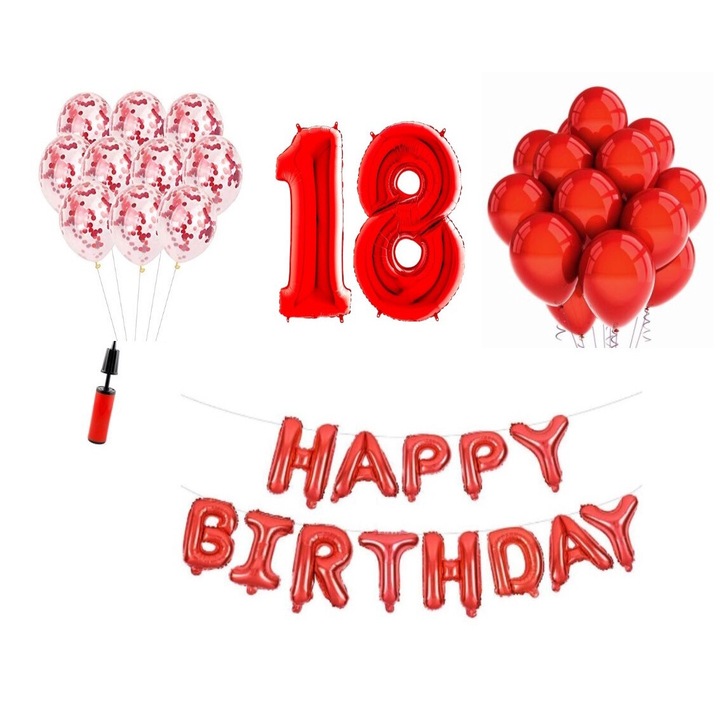 Set 36 baloane, Happy Birthday aniversare 18 ani, cifre folie 100 cm, rosu