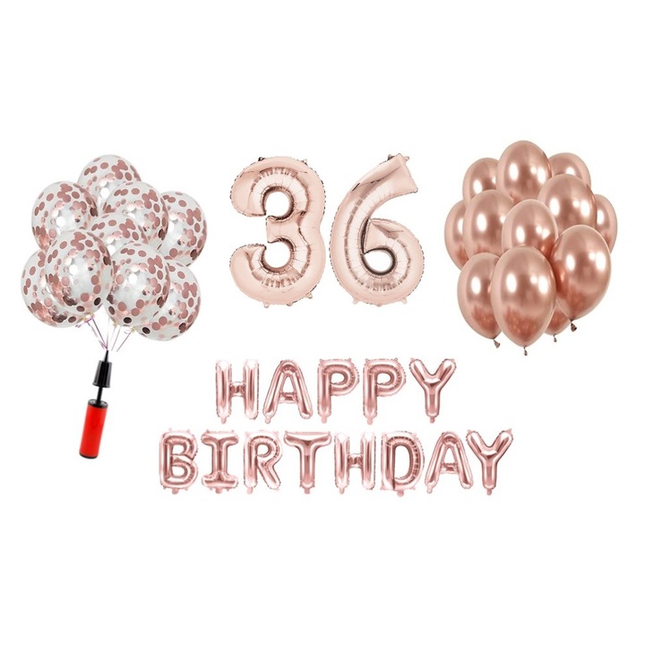 36 db lufi készlet, Boldog születésnapot 36 éves évfordulóra, fóliaszámok 100 cm, rózsaszín arany