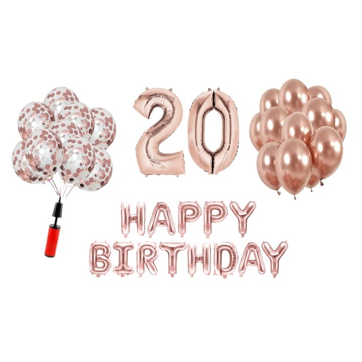 36 db lufi készlet, Boldog születésnapot 20 éves évfordulóra, fóliaszámok 100 cm, rózsa arany