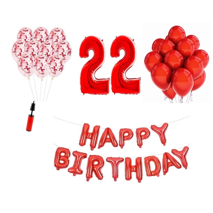 36 db lufi készlet, Boldog születésnapot 22 éves évfordulóra, fóliaszámok 100 cm, piros