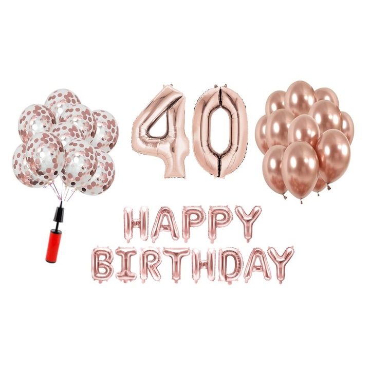 36 db lufi készlet, Boldog születésnapot 40. évfordulóra, fóliaszámok 100 cm, rózsaszín arany