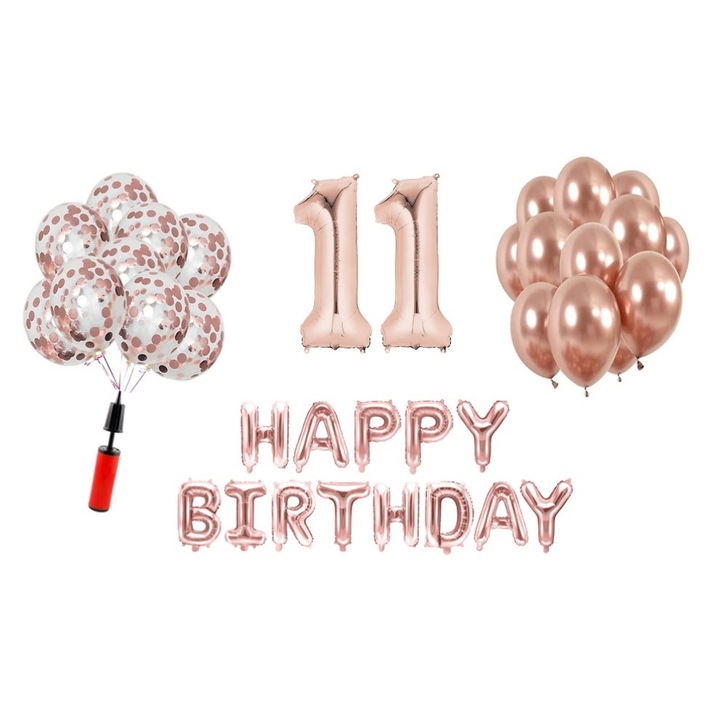 36 db lufi készlet, Boldog születésnapot 11 éves évfordulóra, fóliaszámok 100 cm, rózsaszín arany