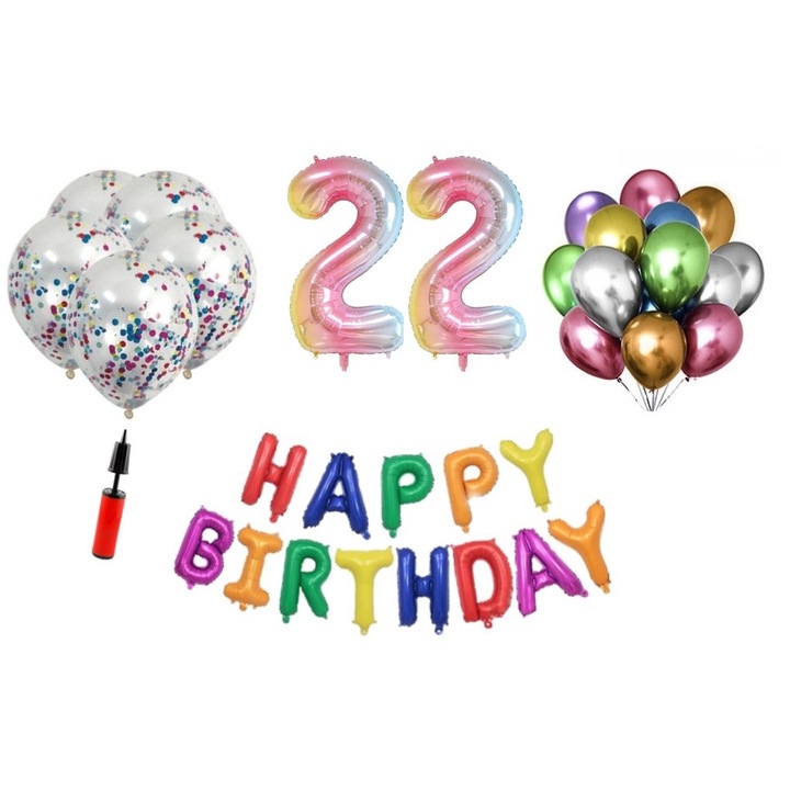 36 db lufi készlet, Boldog születésnapot 22 éves évfordulóra, fóliaszámok 100 cm, szivárvány