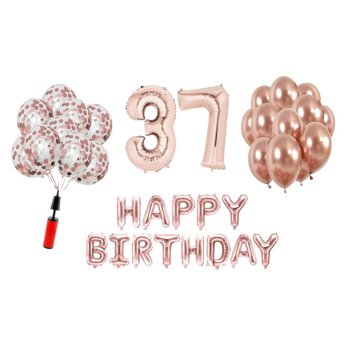 36 db lufi készlet, Boldog születésnapot 37 éves évfordulóra, fóliaszámok 100 cm, rózsaszín arany