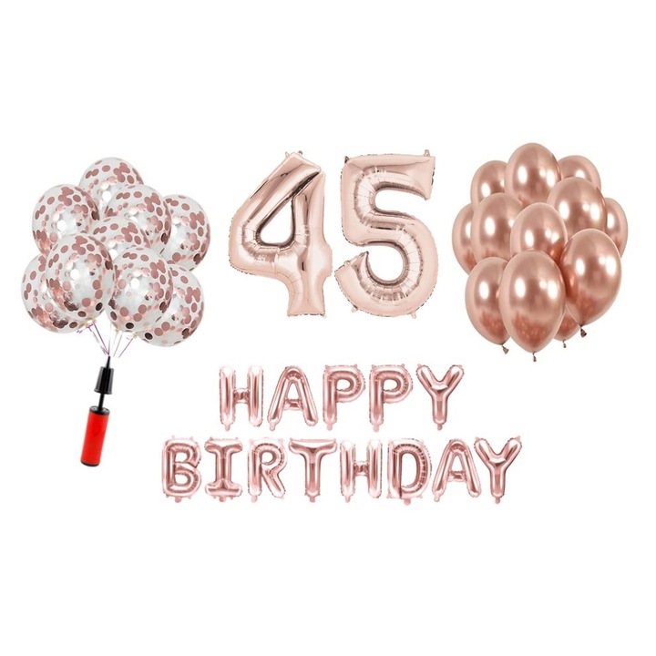 36 db lufi készlet, Boldog születésnapot 45 éves évfordulóra, fóliaszámok 100 cm, rózsaszín arany