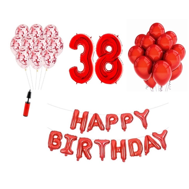 36 db lufi készlet, Boldog születésnapot 38 éves évfordulóra, fóliaszámok 100 cm, piros