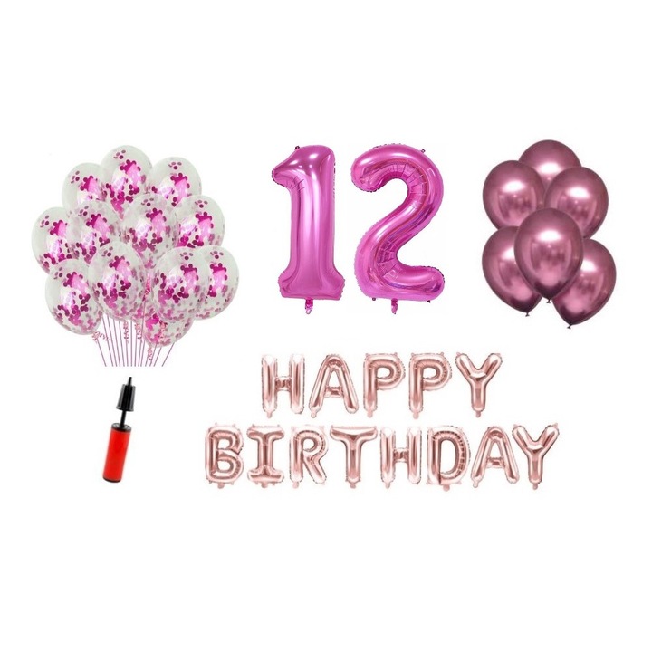 36 db lufi készlet, Boldog születésnapot 12 éves évfordulóra, fóliaszámok 100 cm, rózsaszín