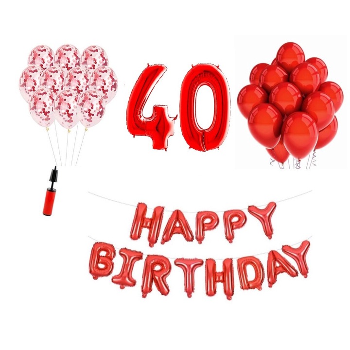 36 db lufi készlet, Boldog születésnapot 40. évfordulóra, fóliaszámok 100 cm, piros