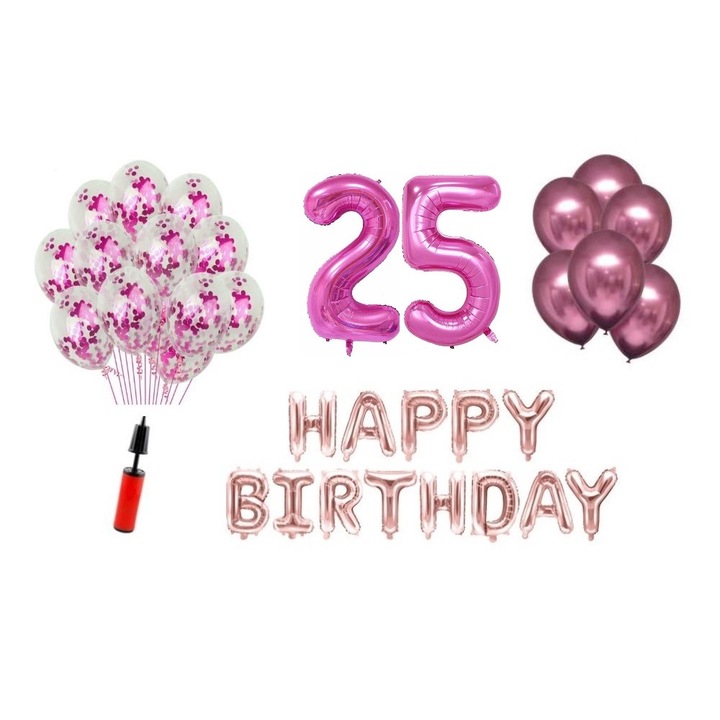 36 db lufi készlet, Boldog születésnapot 25 éves évfordulóra, fóliaszámok 100 cm, rózsaszín