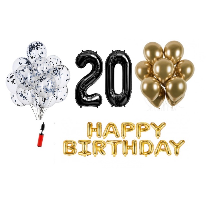 Set baloane, 36 elemente, Happy Birthday aniversare 20 ani, cifre folie 101 cm, negru