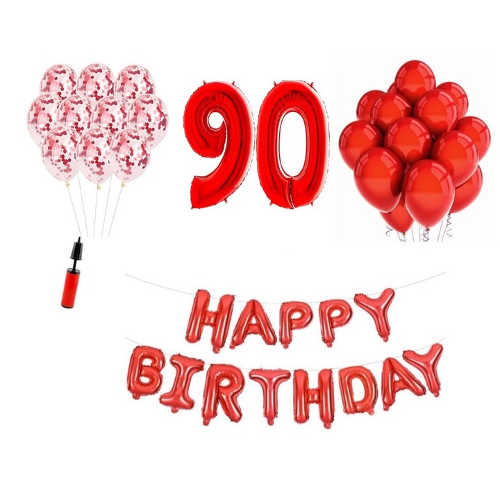 33 db lufi készlet, Boldog születésnapot 90 éves évfordulóra, fóliaszámok 100 cm, piros