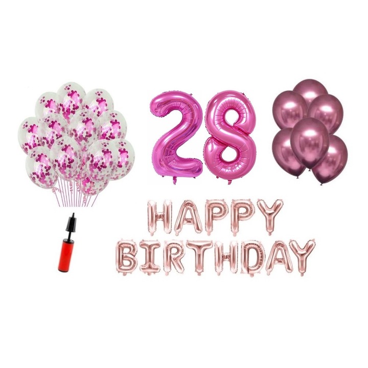 36 db lufi készlet, Boldog születésnapot 28 éves évfordulóra, fóliaszámok 100 cm, rózsaszín