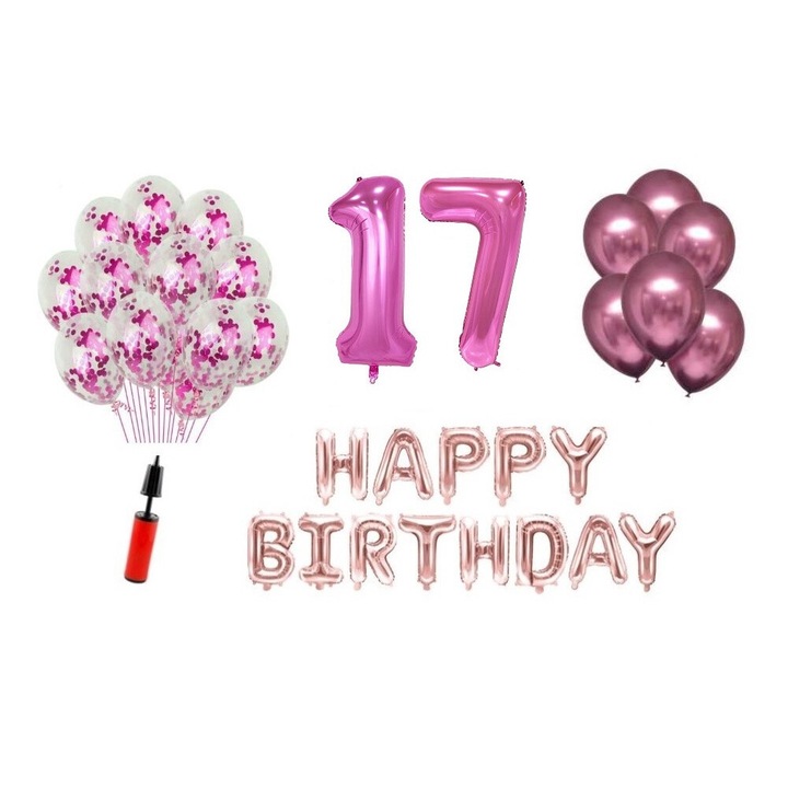Комплект 36 балона, Happy Birthday 17 години, фолио цифри 100 см, розови