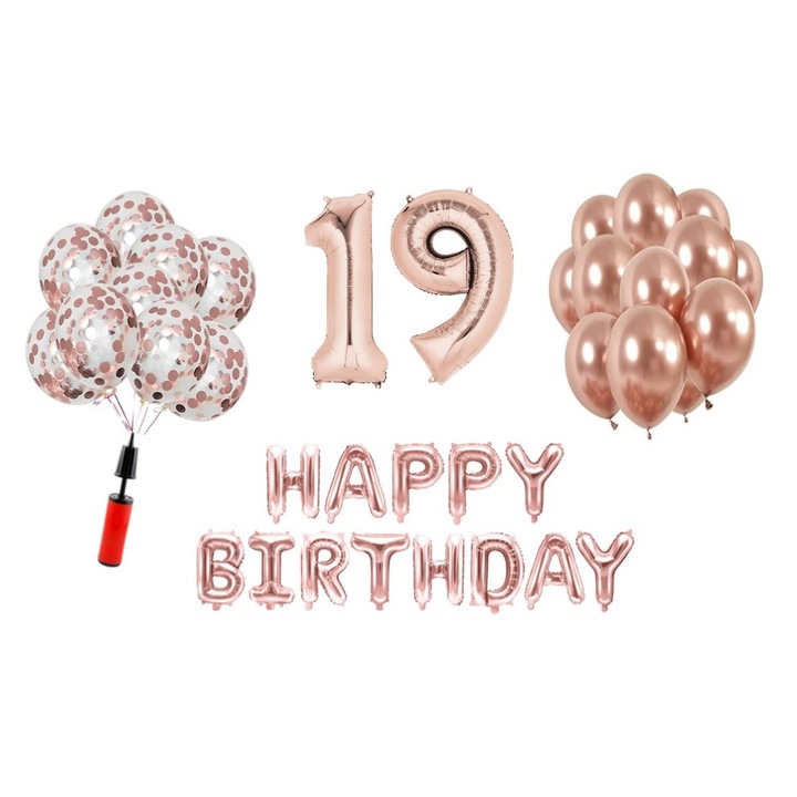 36 db lufi készlet, Boldog születésnapot 19 éves évfordulóra, fóliaszámok 100 cm, rózsaszín arany